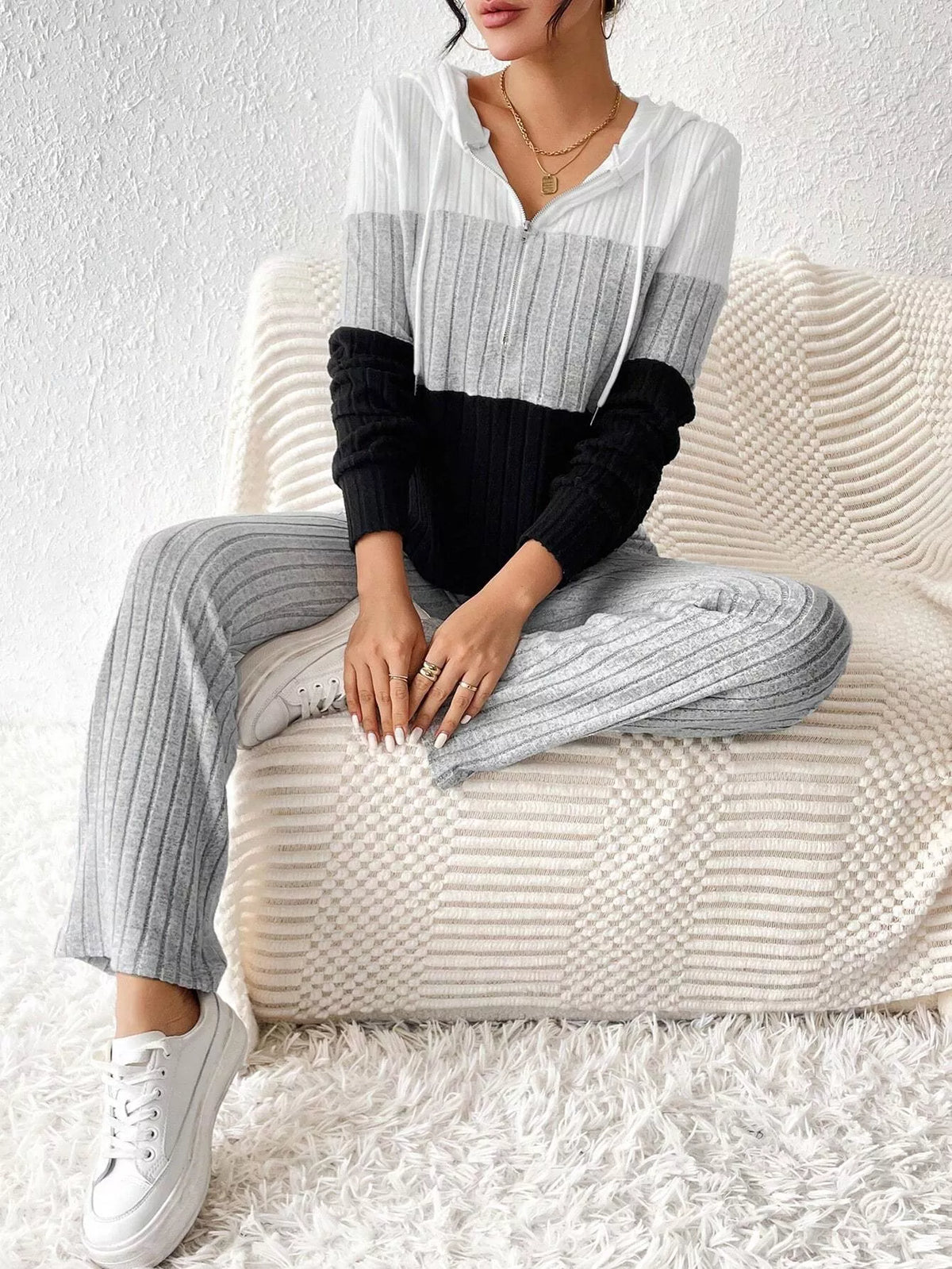 Color Block Half Zip Hooded Top and Pants Loungewear Set
