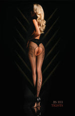 Black Secret Abstract Swirl Design Centre Back Seam Sheer Black Crotchless Tights