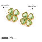 18K Gold Four-Leaf Clover Inlaid Gemstone Earrings & Necklace Set Style B-Earrings-Green