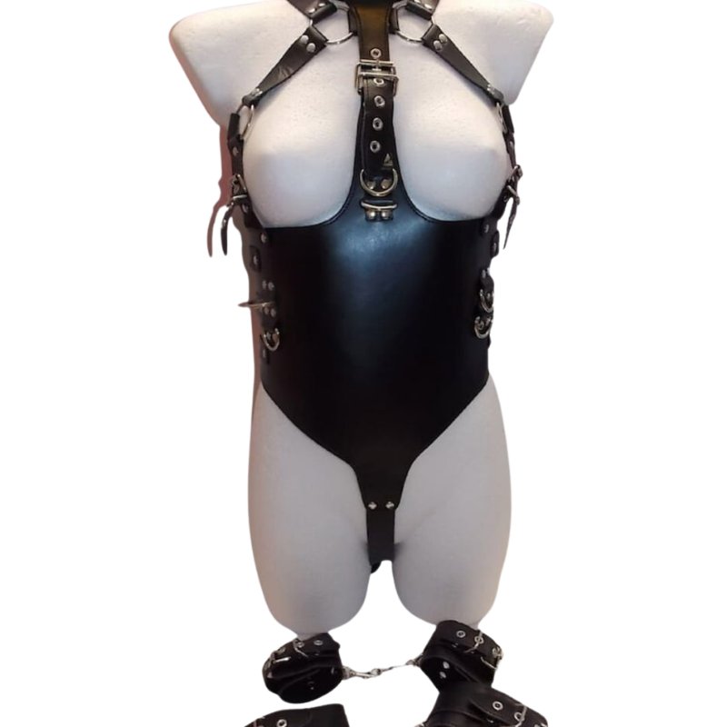 Ladies Heavy Duty Leather Chest Cage Harness | Waist Belt & Hand Grips