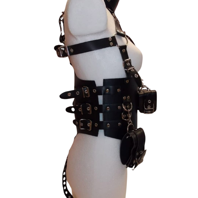Ladies Heavy Duty Leather Chest Cage Harness | Waist Belt & Hand Grips