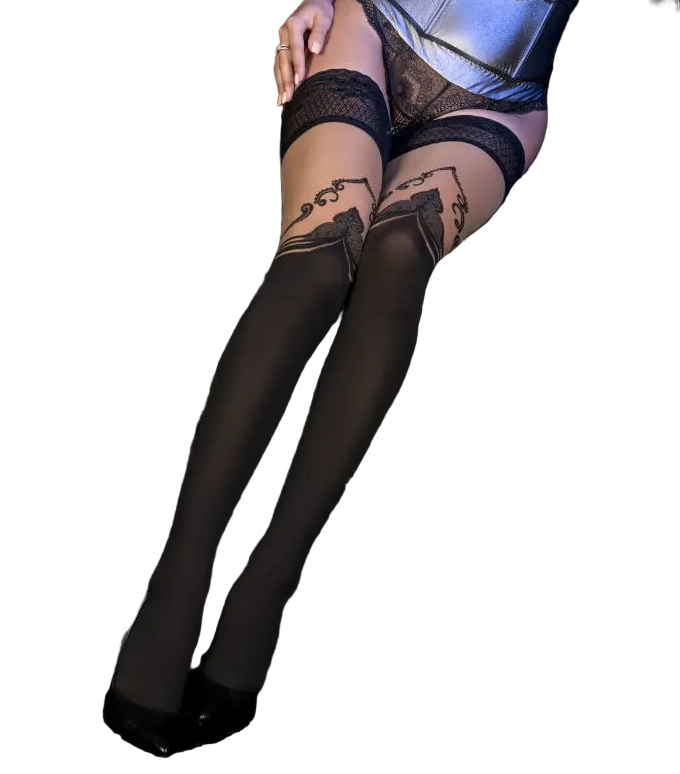 Ballerina Black & Skin Lace Top Hold Ups with Front Knee Design