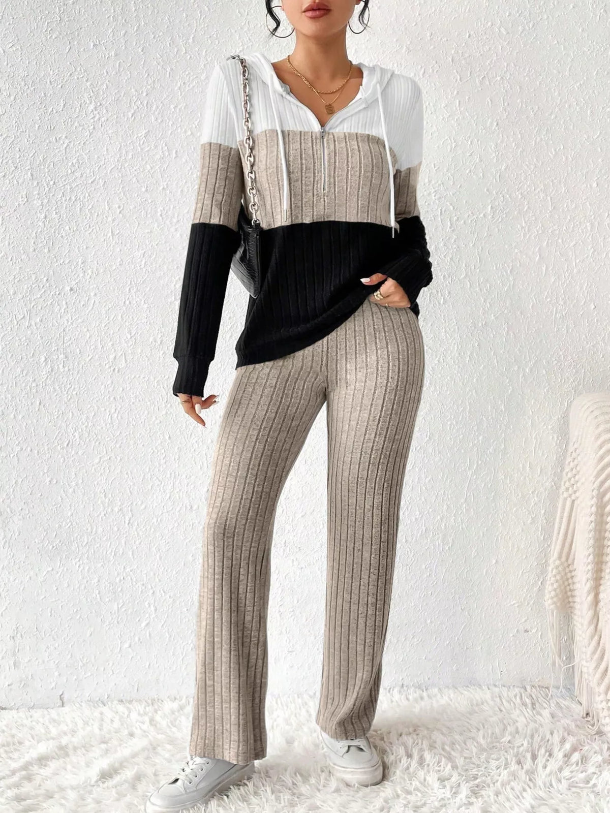 Color Block Half Zip Hooded Top and Pants Loungewear Set