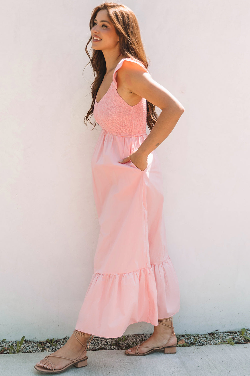 V Neck Flutter Sleeve Smocked Bodice High Waist Ruffle Maxi Dress