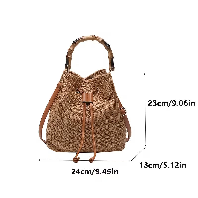 Vintage Raffia Woven Bucket Bag with Round Wooden Handle — Women's Summer Handbag – alternate view 4