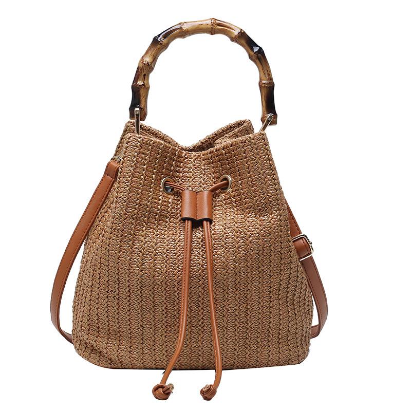 Vintage Raffia Woven Bucket Bag with Round Wooden Handle — Women's Summer Handbag