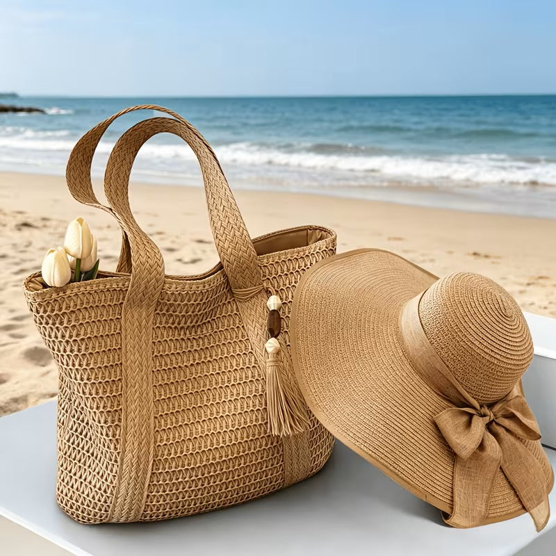 Beige Raffia Beach Bag & Straw Hat Set with Tassel & Bow — 2-Piece Woven Summer Set for Women – alternate view 2