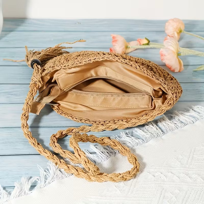 Round Hollow Woven Raffia Shell Crossbody Bag — Women's Boho Beach Shoulder Bag