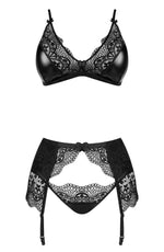Beauty Night Obsidian Desire Lace Wet Look 3 Piece Bra, Garter Belt & Thong Lingerie Set in Black