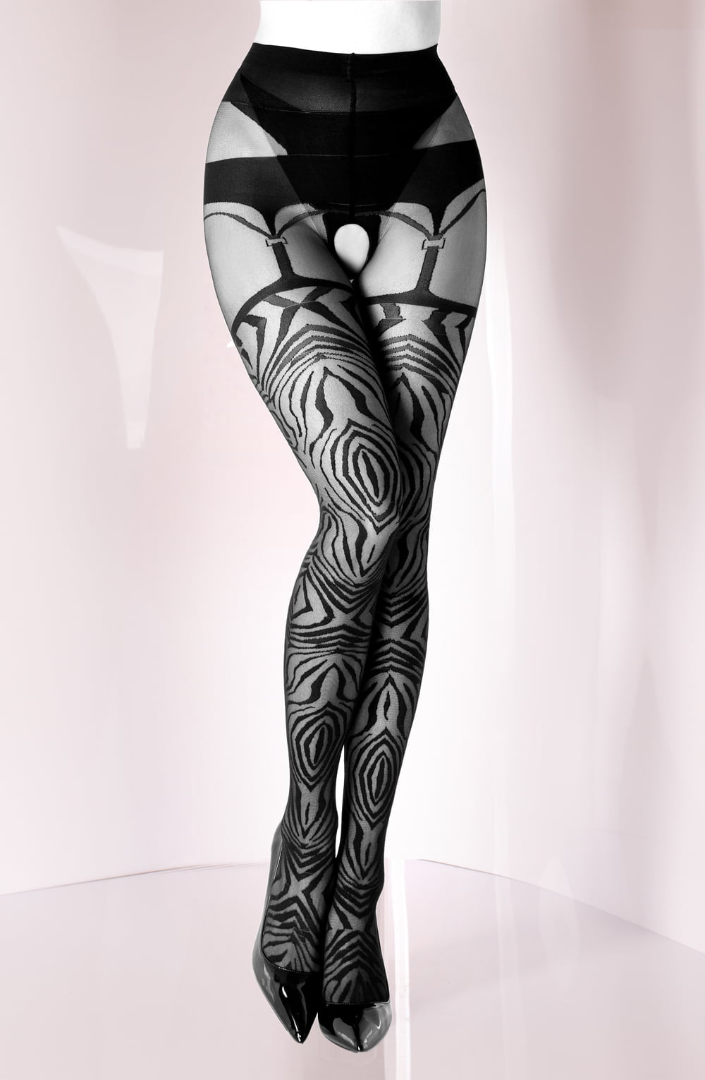 Black Secret Tiger Striped Pattern Black Crotchless Tights