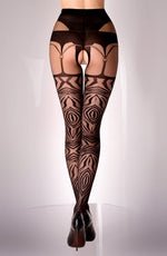 Black Secret Tiger Striped Pattern Black Crotchless Tights