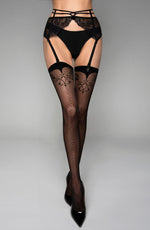 Black Secret Shimmering Floral Lace Top Stockings Black with Lurex