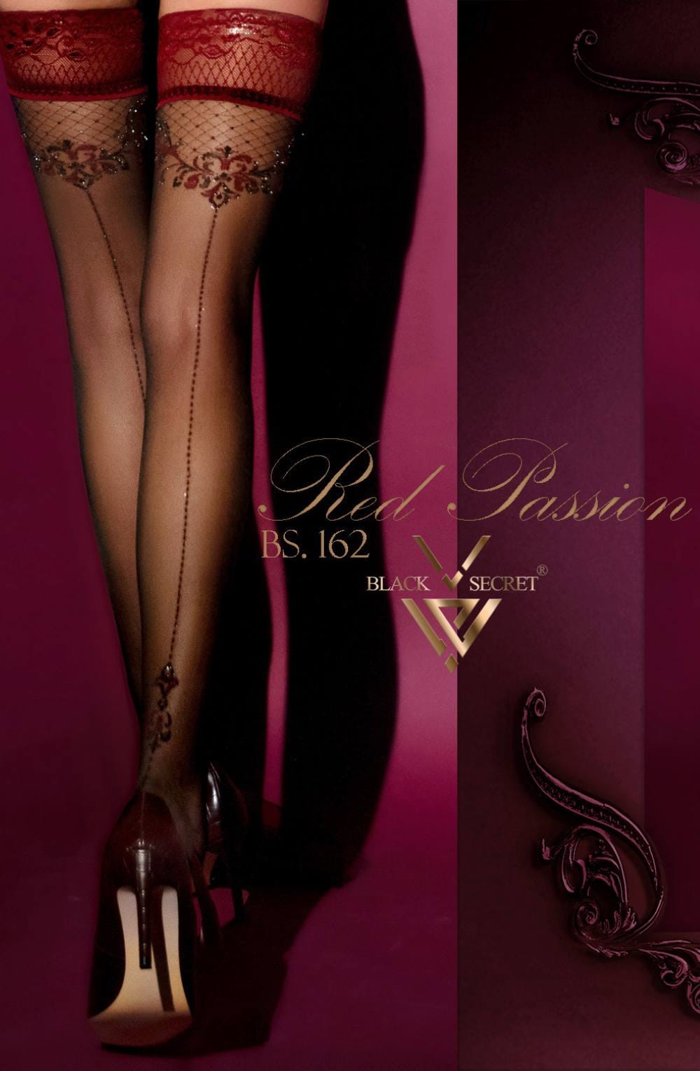 Black Secret Back Seam Berry Red Lace Top Hold Ups in Sheer Back with Floral Detail