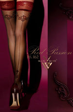 Black Secret Back Seam Berry Red Lace Top Hold Ups in Sheer Back with Floral Detail