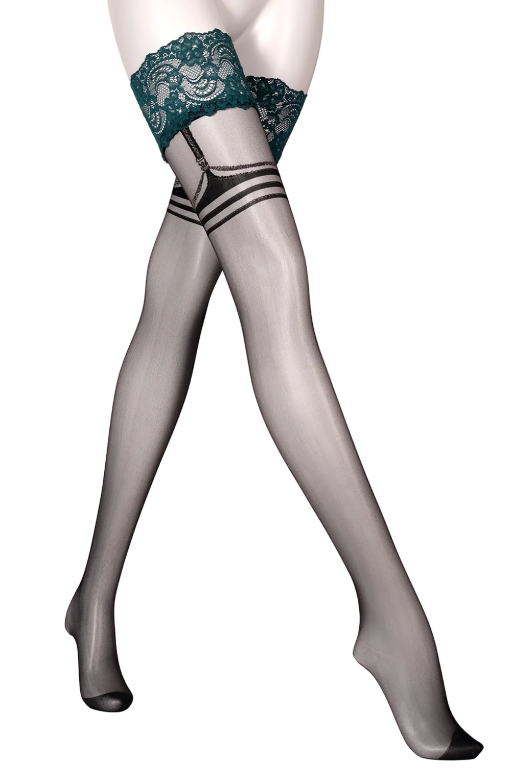 Black Secret Teal Green Lace Top Mock Suspender Hold-Up Stockings
