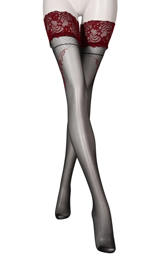 Black Secret Sheer Black Hold Ups with Burgundy Lace Tops & Fishnet Detail