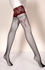 Black Secret Sheer Black Hold Ups with Burgundy Lace Tops & Fishnet Detail