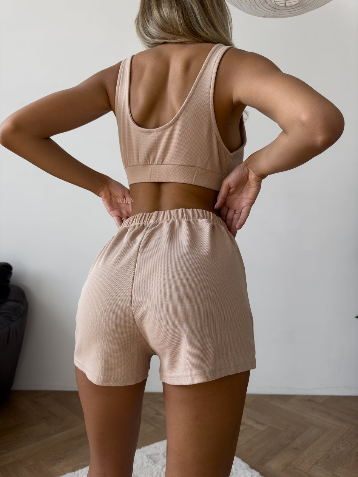 PEACE Women’s 3 Piece Crop Top, Shorts & Robe Loungewear Set in Mocha Latte Beige Brown