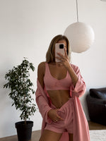PEACE Women’s 3 Piece Crop Top Shorts Loungewear Set & Matching Robe in Blushed Peony Pink