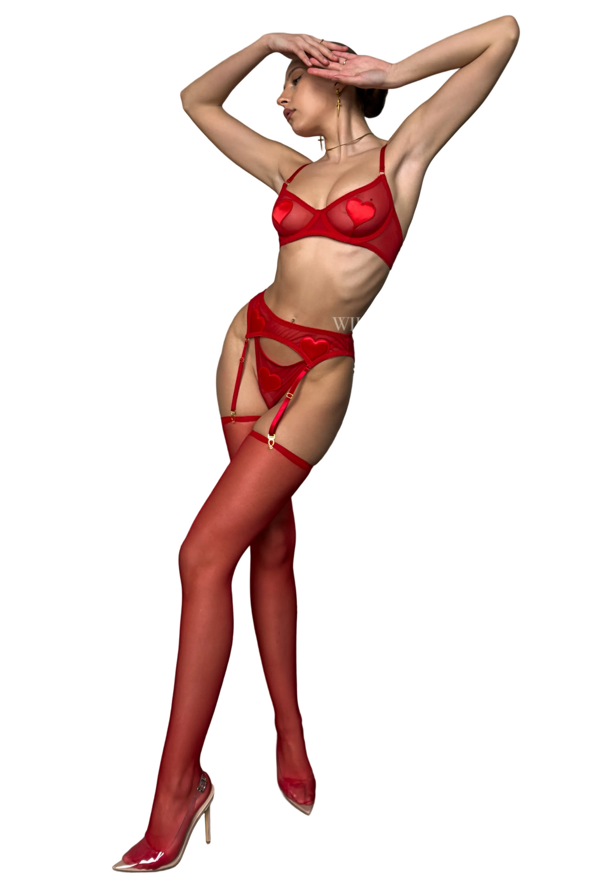 LOVE 4 Piece Bra, Thong, Garter Belt, Suspenders Red Mesh Lingerie Set