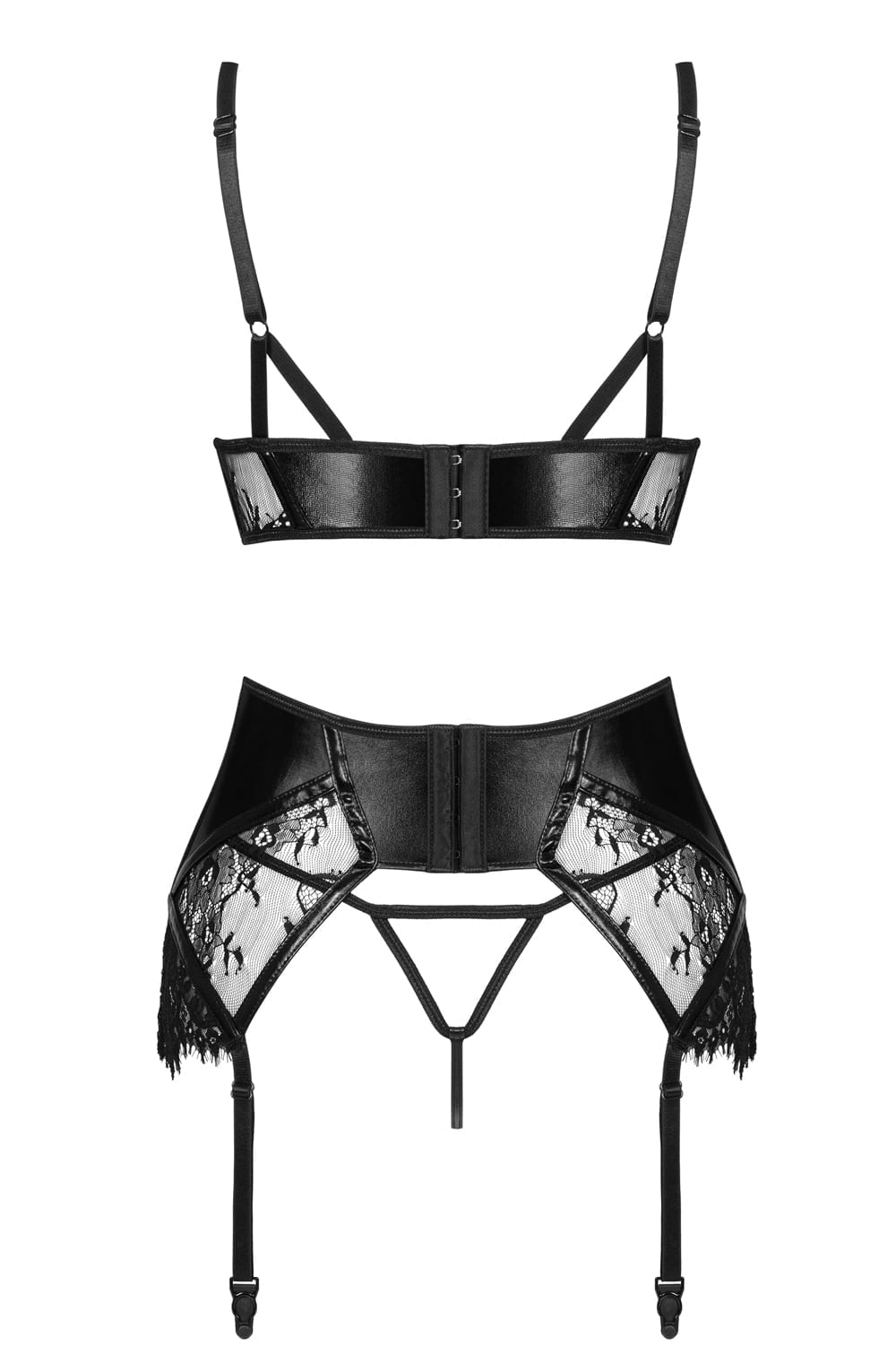Beauty Night Leonela Lace Wet Look Black Mini Corset Lingerie Set