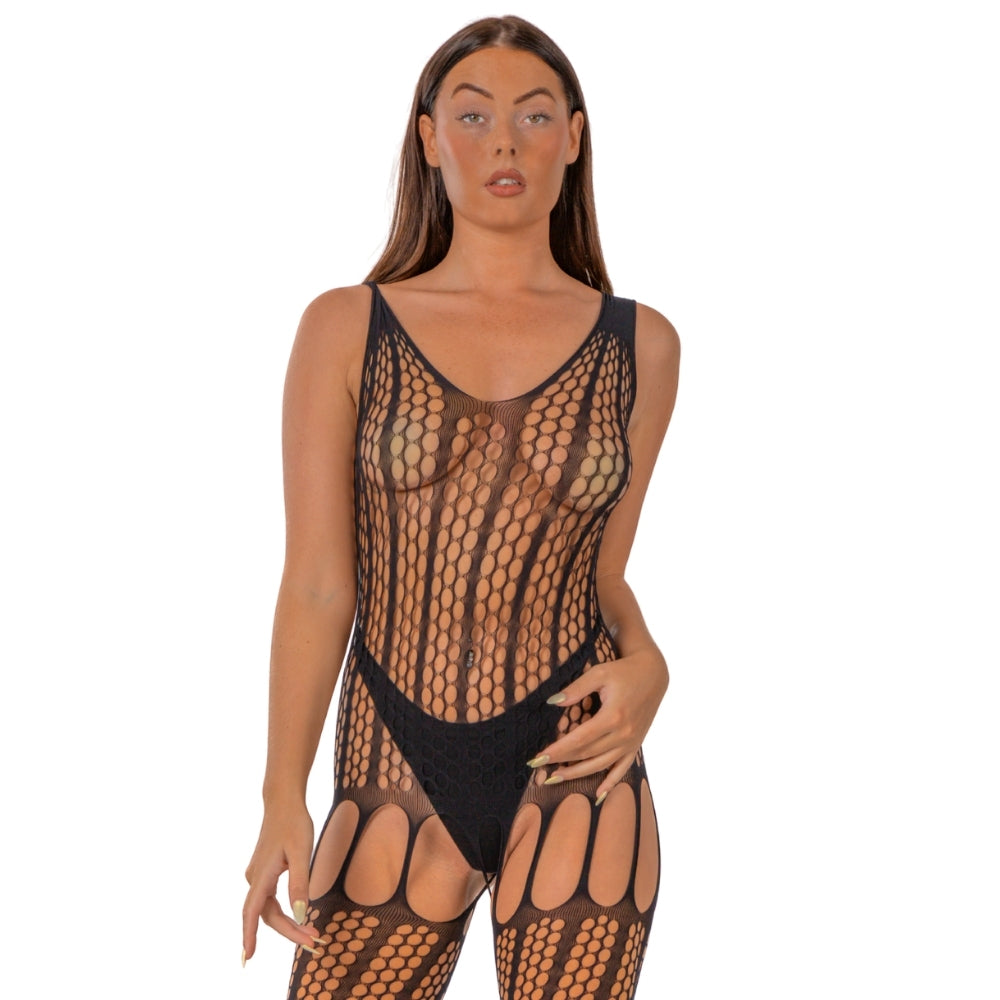 Lace by LJ Black Crochet Bodystocking with Lace-Up Back