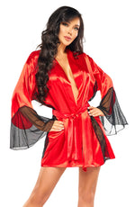 Beauty Night Sara Black Lace Mesh Flared Sleeve Red Satin Peignoir & Thong Set