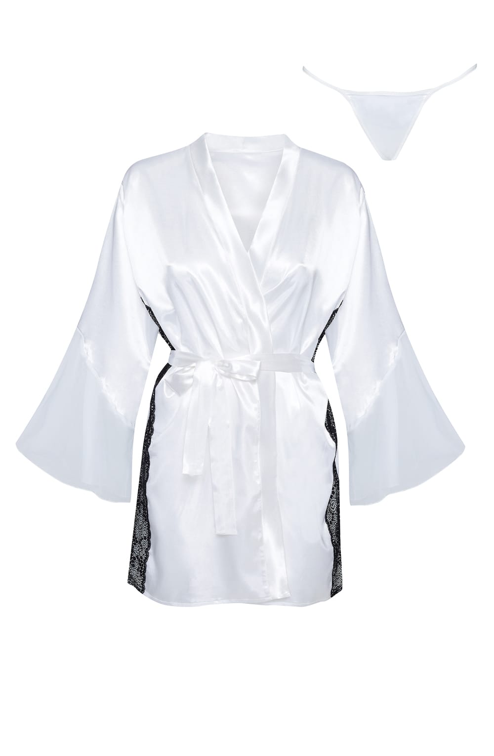 Beauty Night Sara Peignoir White with Black Lace Belted Satin Robe & Panties Set