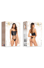 Beauty Night Sasha Eco Leather Short Lace Corset & Thong Lingerie Set in Black