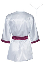 Beauty Night Summer Satin Burgundy Accent Lace Wide Sleeve Silver Peignoir Robe & Thong Set