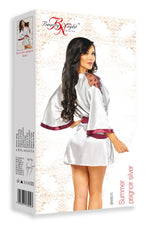 Beauty Night Summer Satin Burgundy Accent Lace Wide Sleeve Silver Peignoir Robe & Thong Set