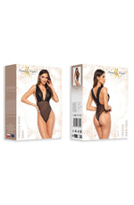 Beauty Night Veronica Sultry Lace Shimmering Tulle Deep Neckline Cross-Back Teddy Black