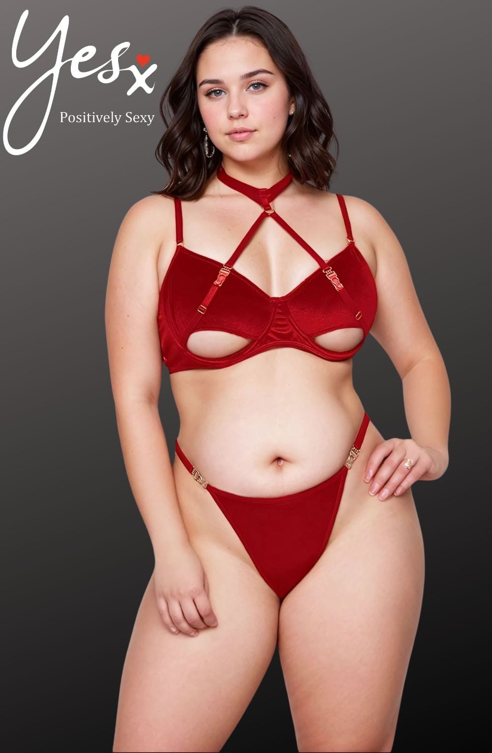 YesX Plus Size Hollow Cut Halter Bra Lingerie Set Up To 2XL Red