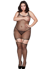 YesX Plus Size Black Sparkle Sheer Fishnet Faux Suspenders Bodystocking