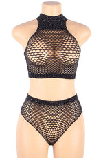 YesX Fishnet Halter Neck Lingerie Set Black
