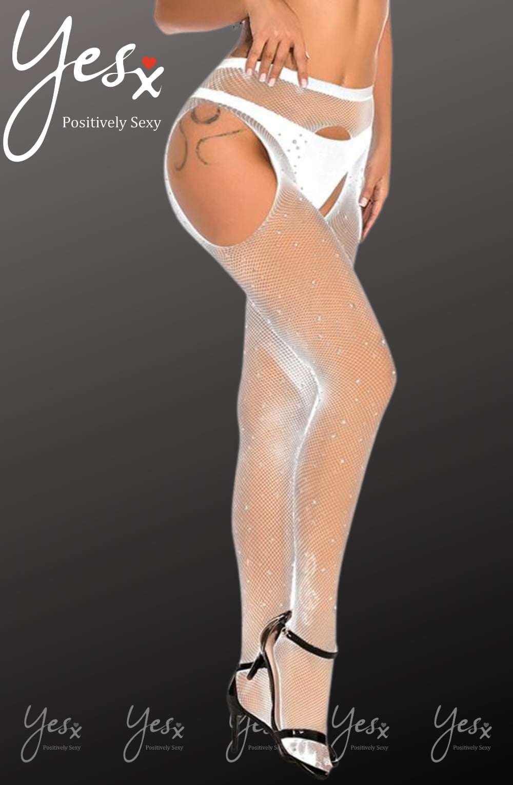 YesX Sparkly Fishnet Crotchless Tights White