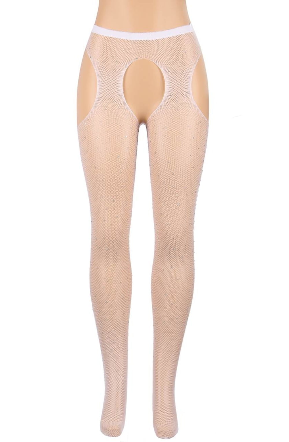 YesX Sparkly Fishnet Crotchless Tights White