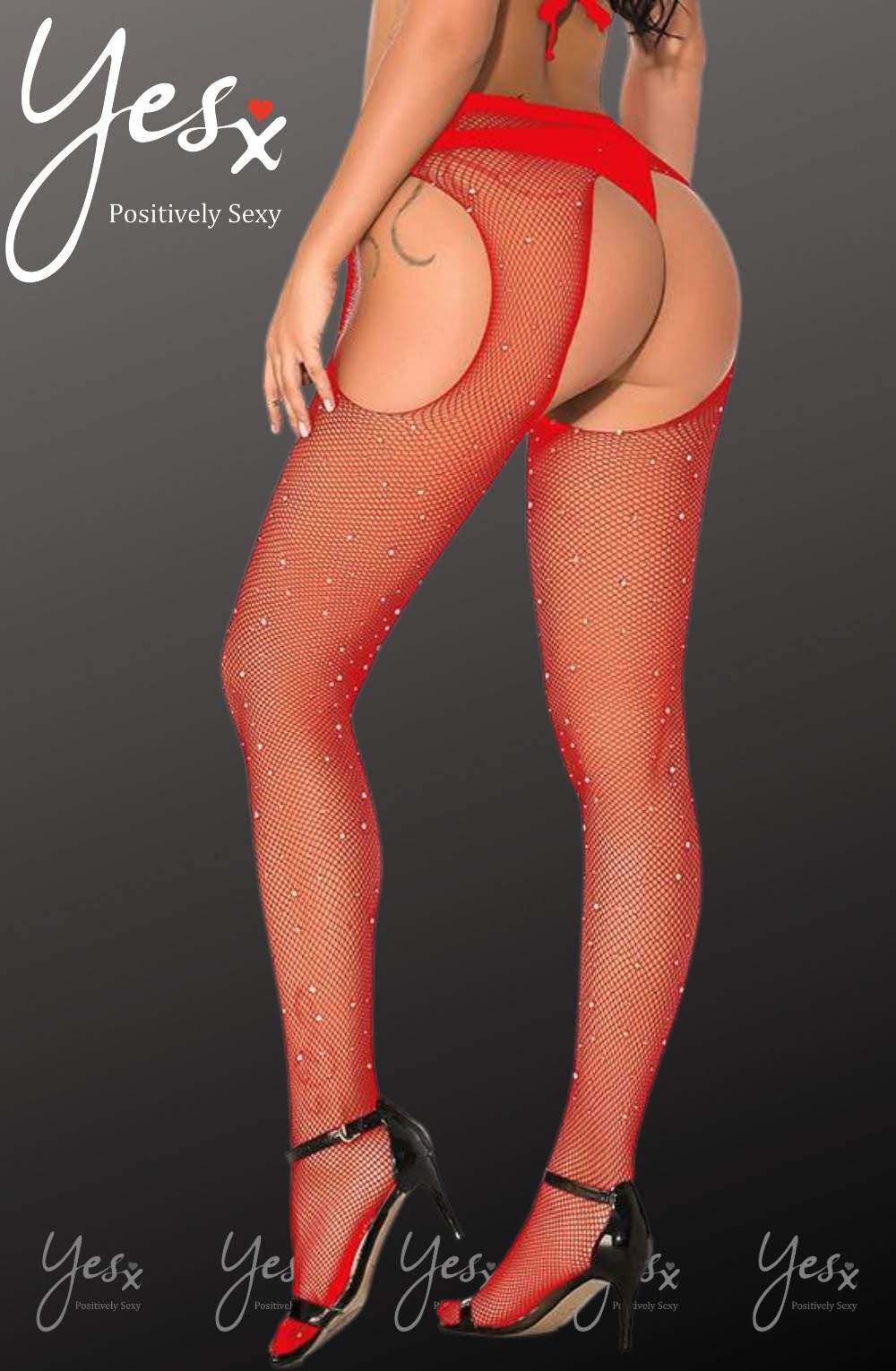 YesX Sparkly Fishnet Crotchless Tights Red
