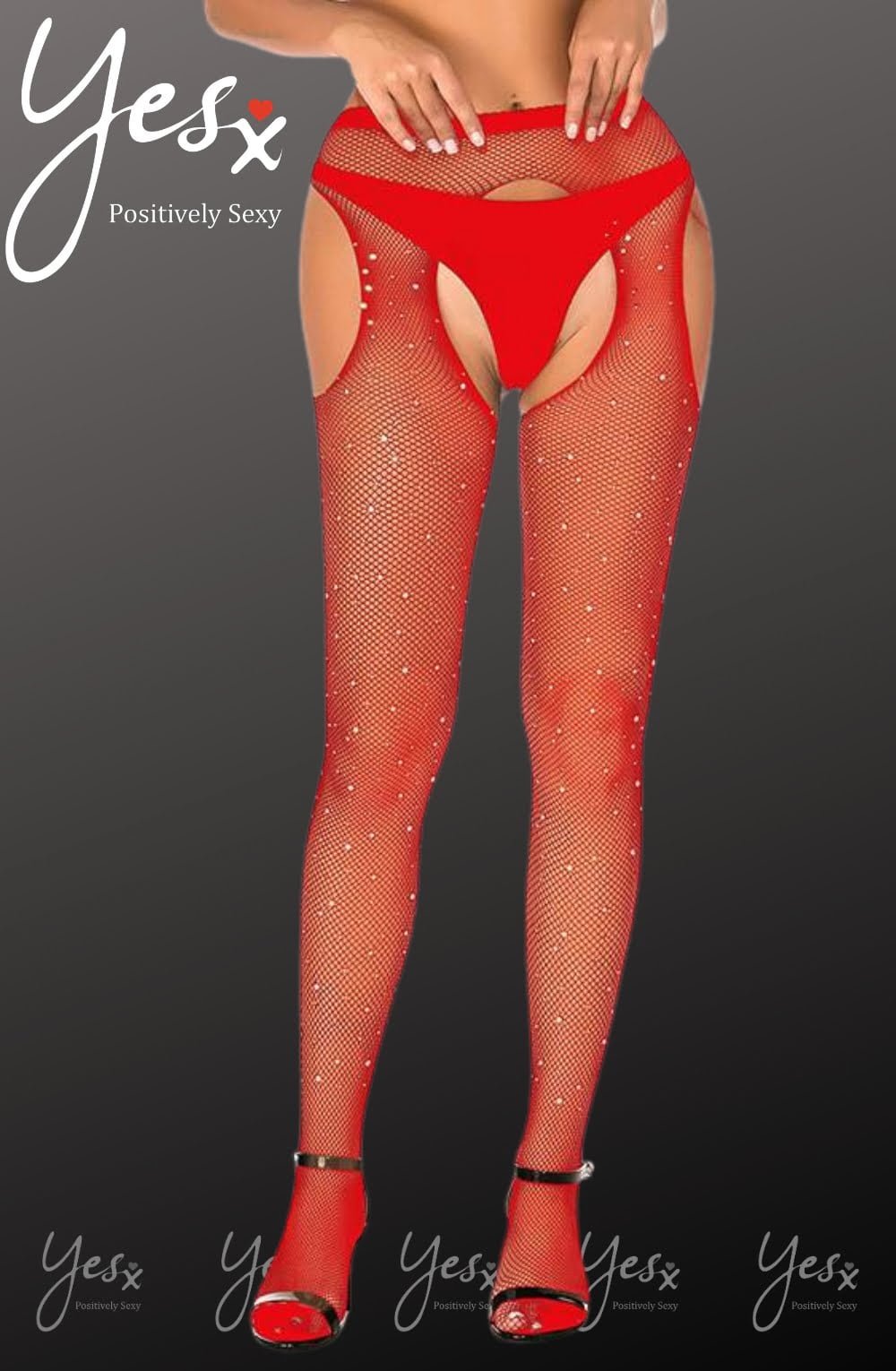 YesX Sparkly Fishnet Crotchless Tights Red