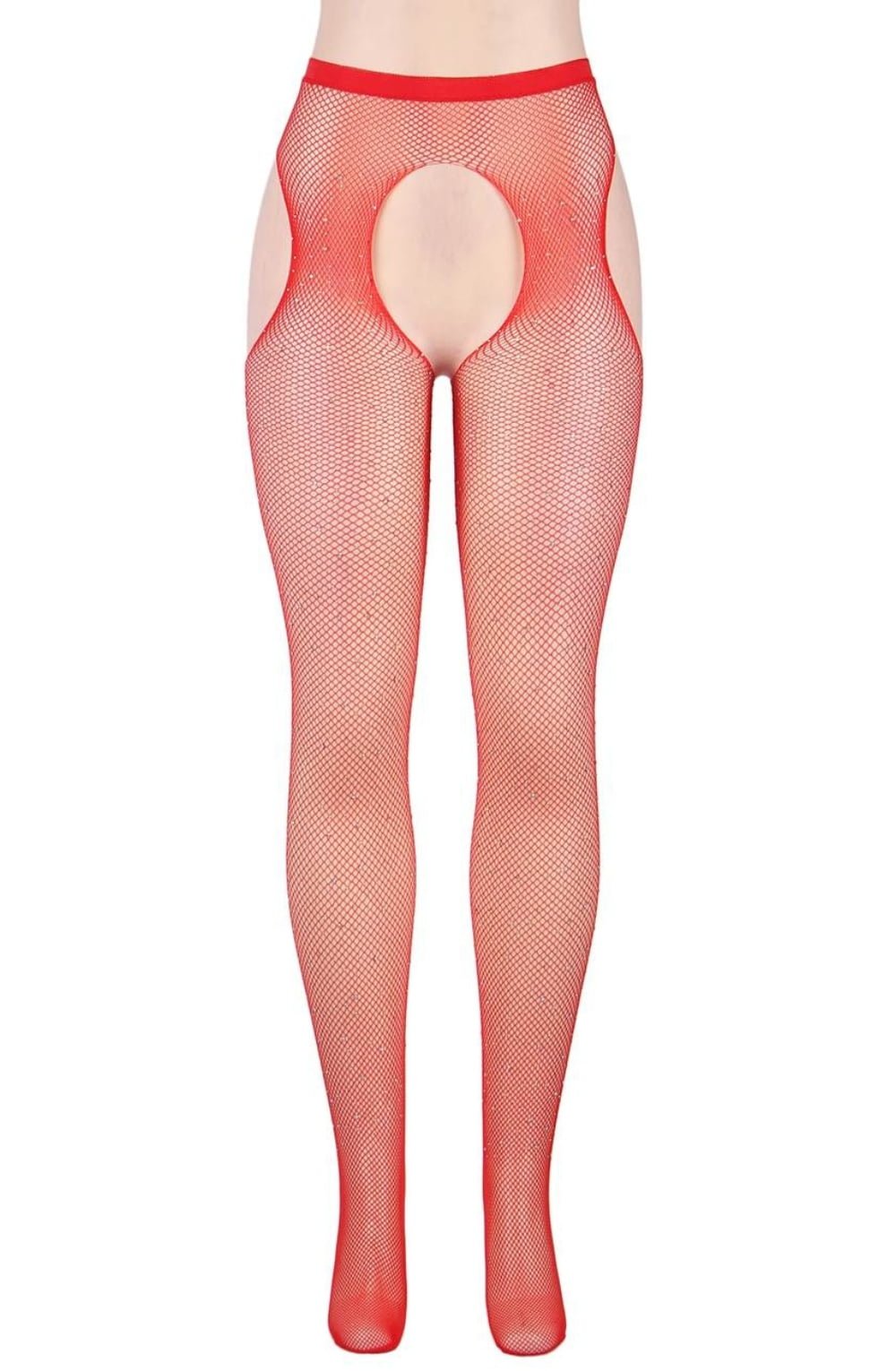YesX Sparkly Fishnet Crotchless Tights Red