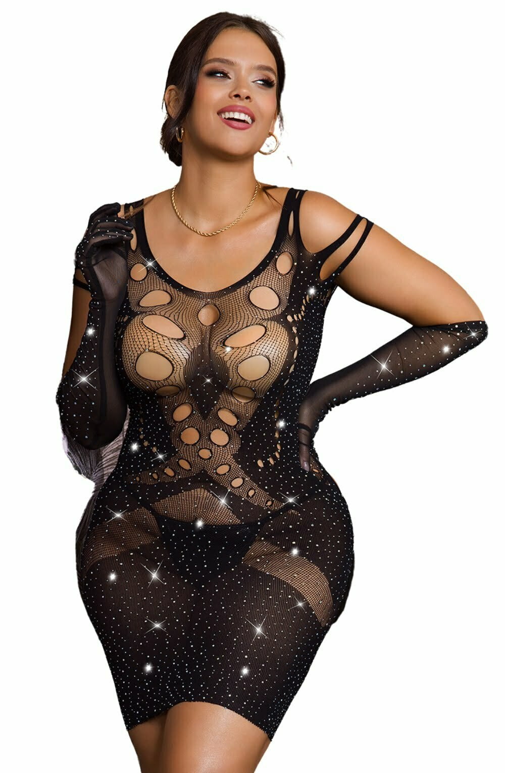 YesX Plus Size Bodystocking Dress Sparkly One Size Black
