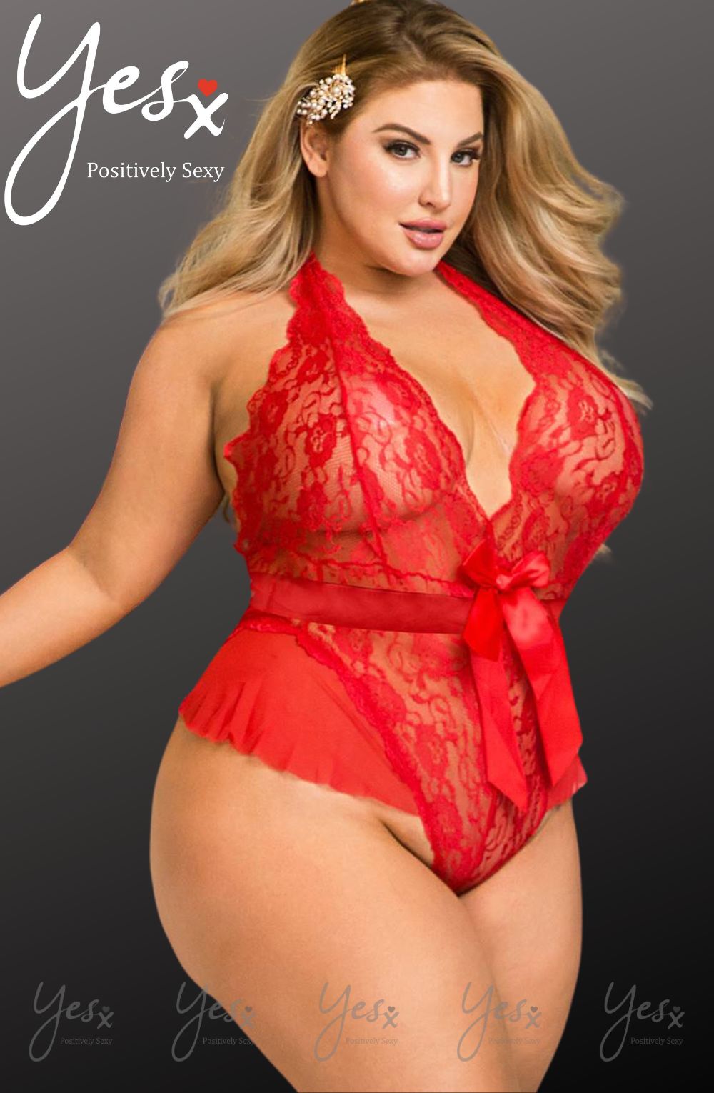 YesX Plus Size Mesh Lace & Bow Hot Red Teddy