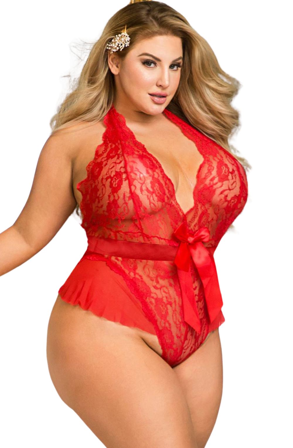 YesX Plus Size Mesh Lace & Bow Hot Red Teddy
