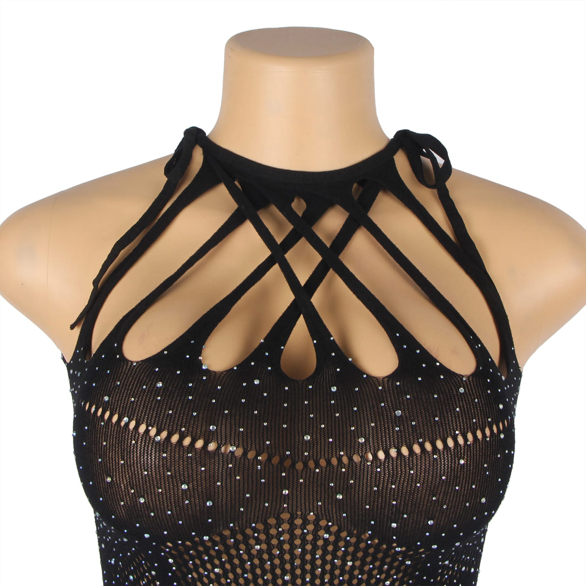 YesX Halter Neckline Sparkle Rhinestone Fishnet Erotic Sheer Dress Black