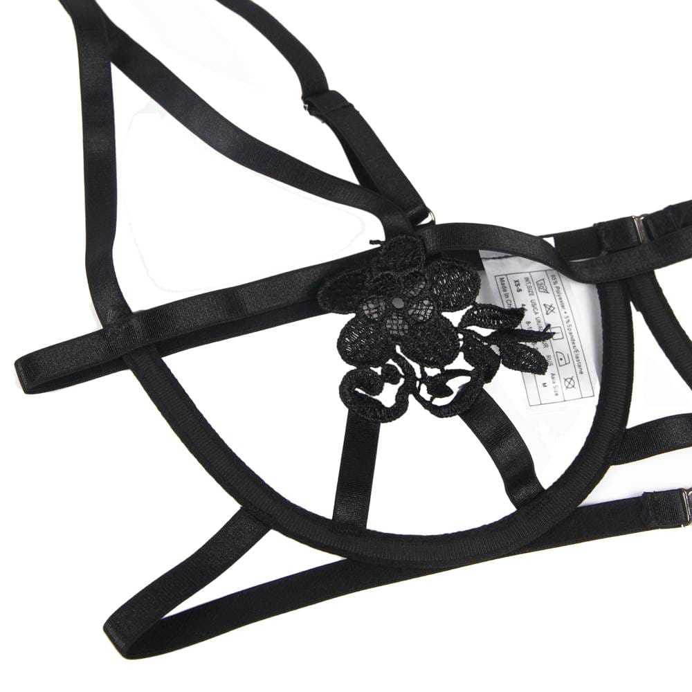 YesX Embroidered Strappy Cut Out 3 Piece Bra, Thong & Garter Lingerie Set