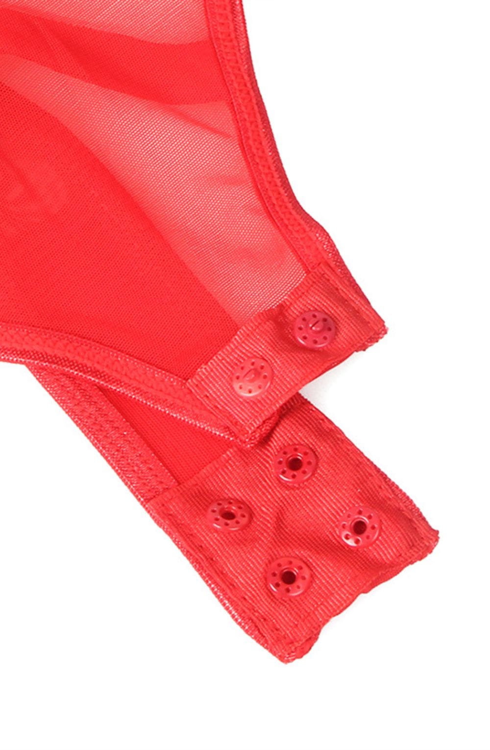 YesX Faux Leather Look Mesh Bodysuit with Garter Straps Red