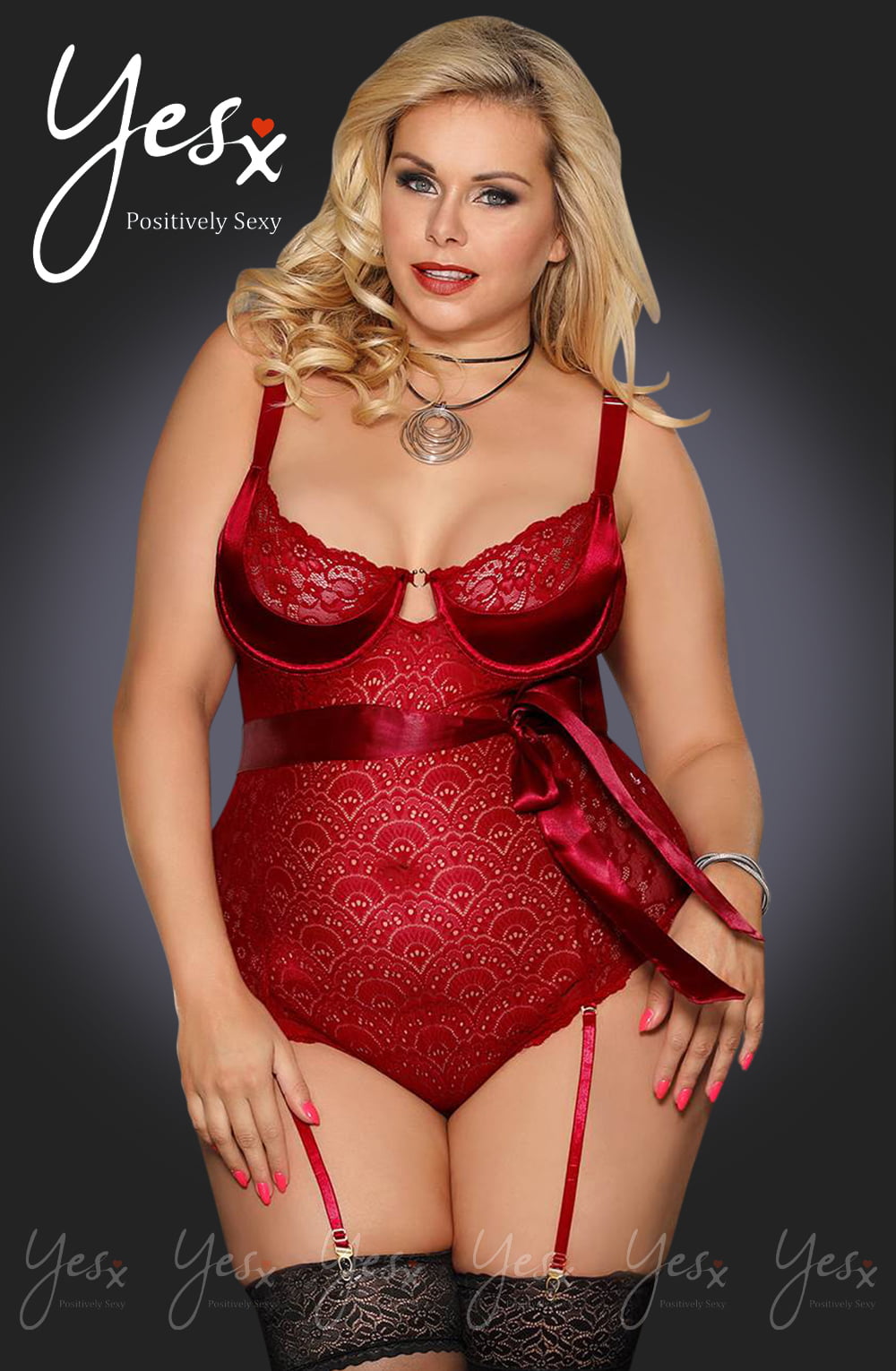 YesX Plus Size Red Lace Bodysuit