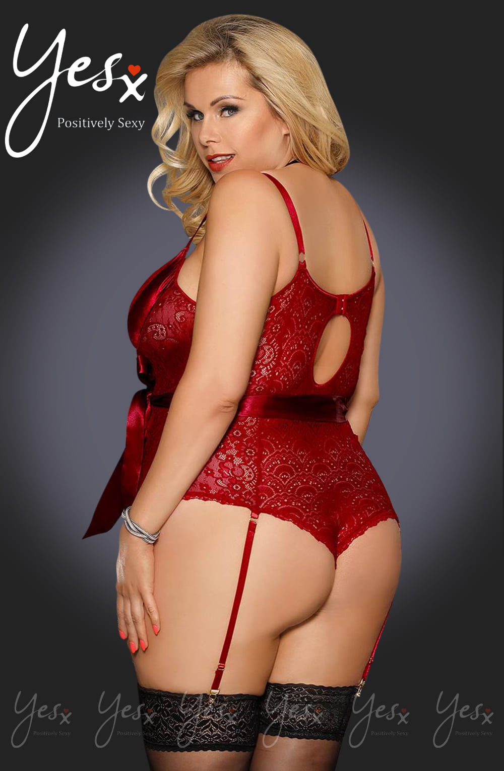 YesX Plus Size Red Lace Bodysuit