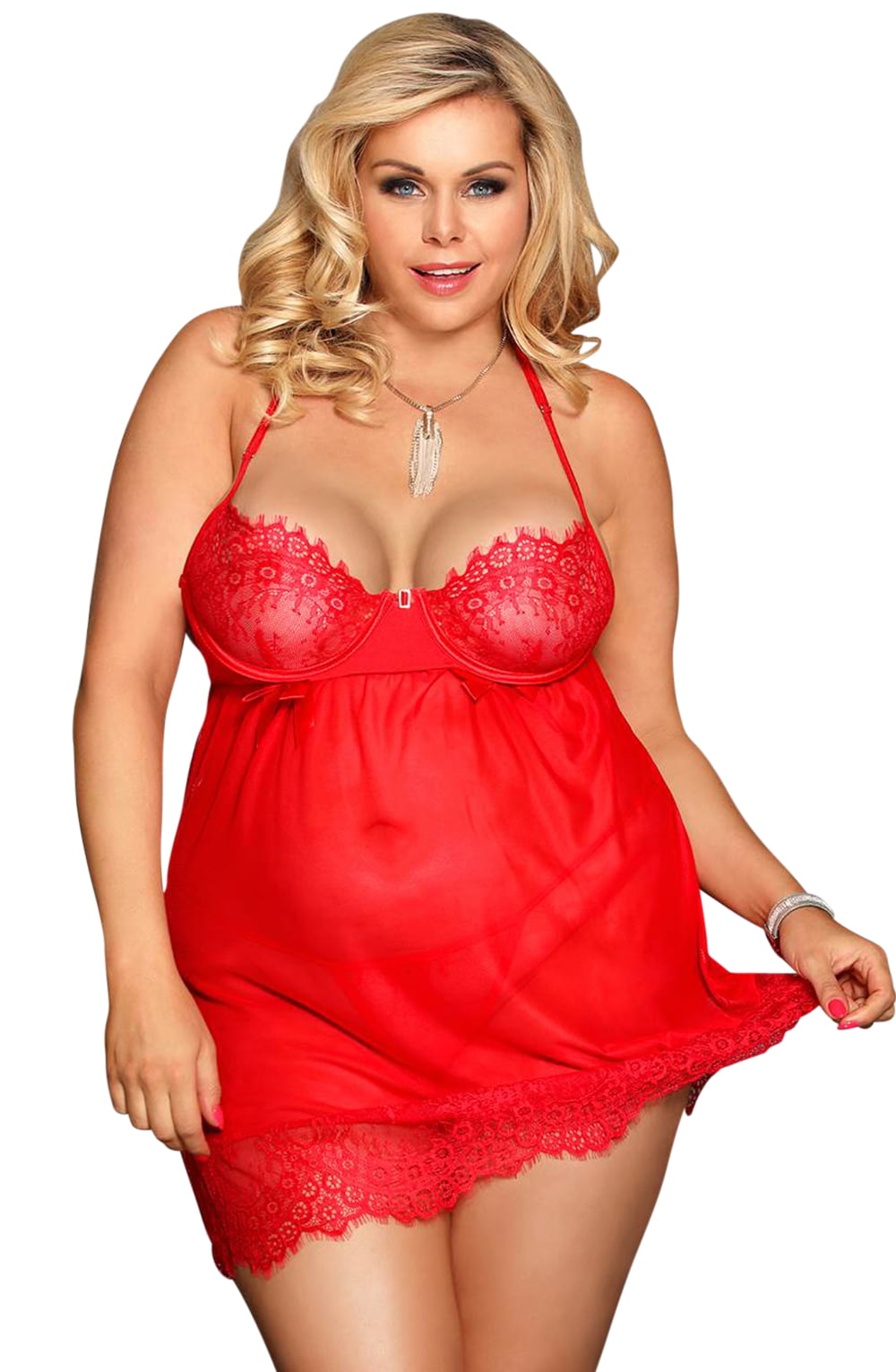 YesX Plus Size Lace Ribbon Bow Babydoll and Thong Set Red