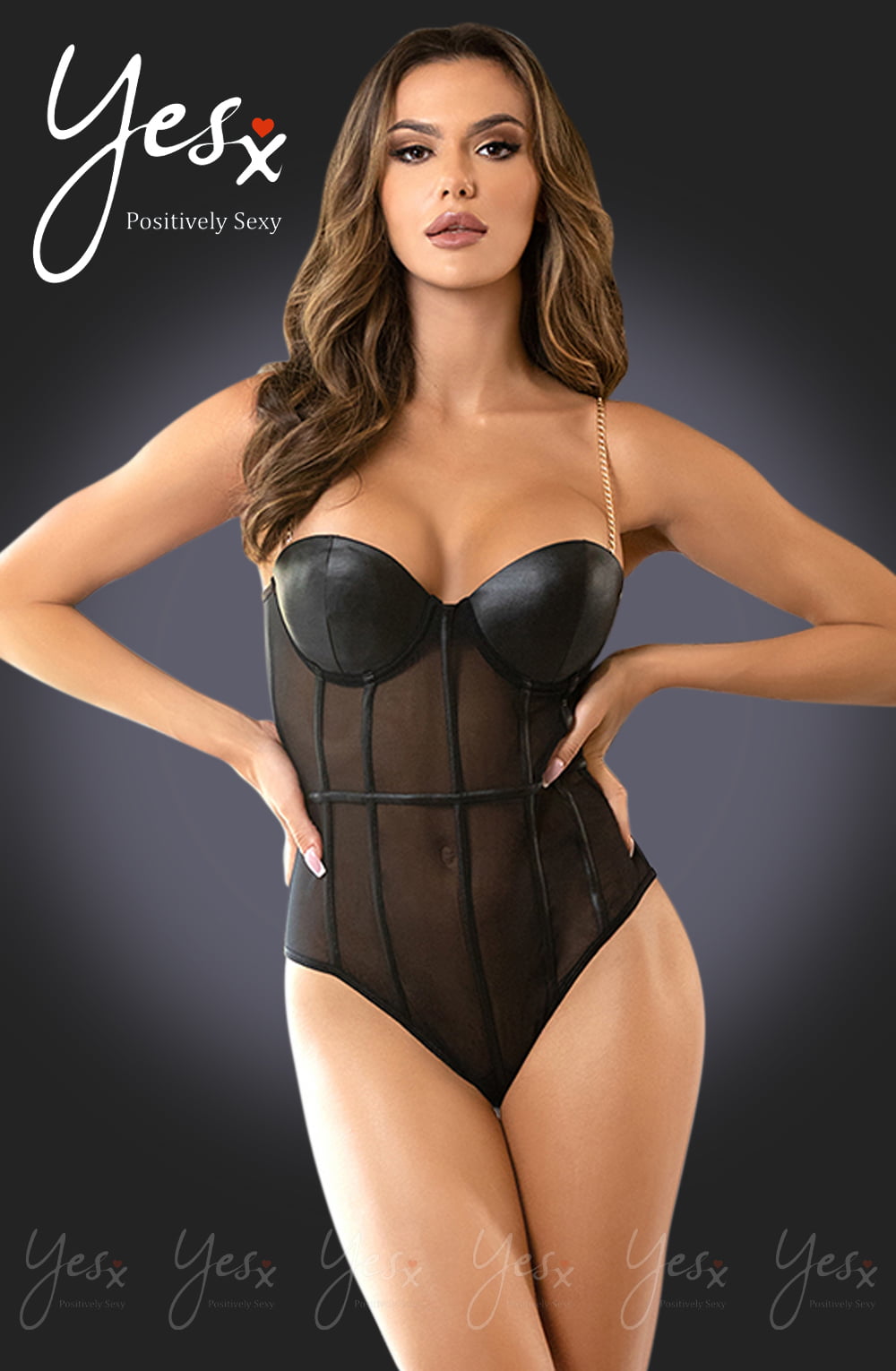 YesX Gold Chain Straps Sheer Bodysuit Black